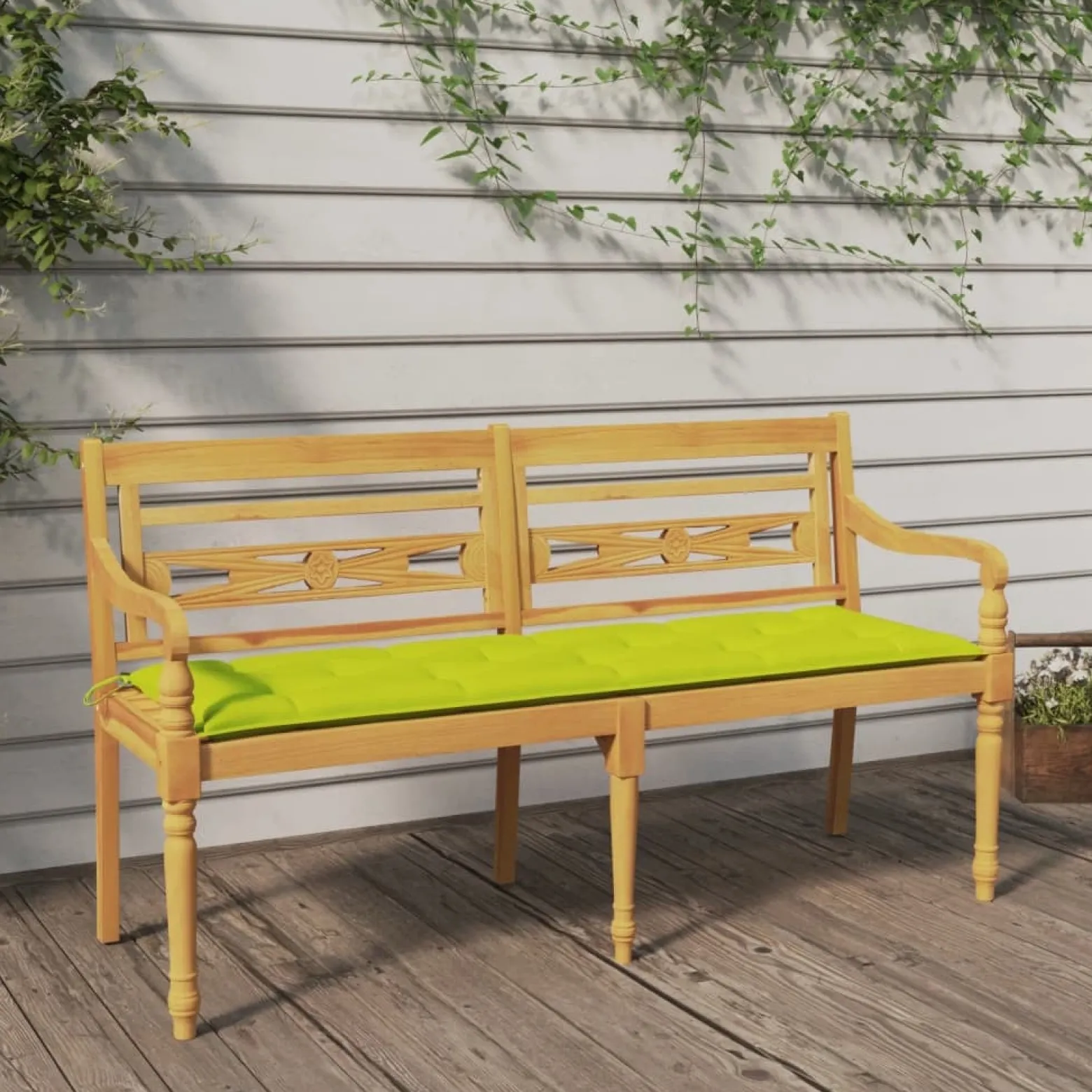 Ławka Batavia z jasnozielony poduszką,150cm, lite drewno tekowe