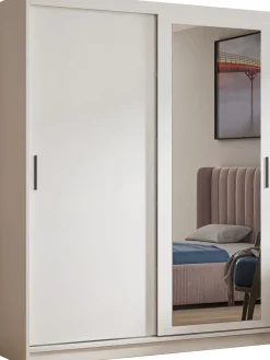 Biała szafa przesuwna z lustrem 180 cm i drążkiem HARON