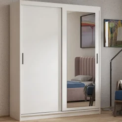 Biała szafa przesuwna z lustrem 180 cm i drążkiem HARON