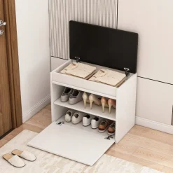 Biała szafka na buty ze schowkiem 2 półki otwierana