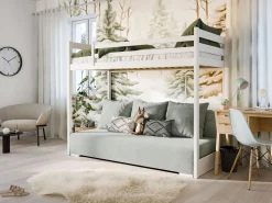 Białe łóżko antresola SOFINO 90x200/140x200 z rozkładaną szarą sofą