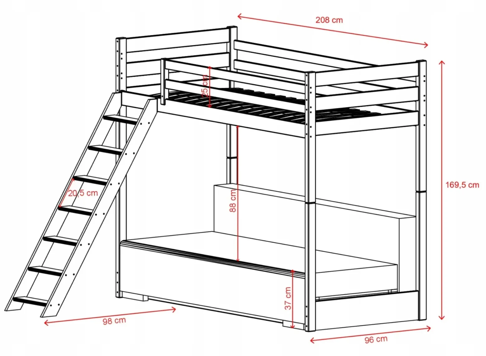Białe łóżko antresola SOFINO 90x200/140x200 z rozkładaną szarą sofą