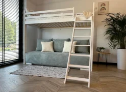 Białe łóżko antresola SOFINO 90x200/140x200 z rozkładaną szarą sofą