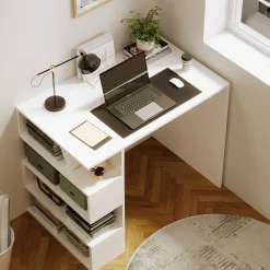 Biurko komputerowe biały nowoczesne z 4 półkami regałem loft