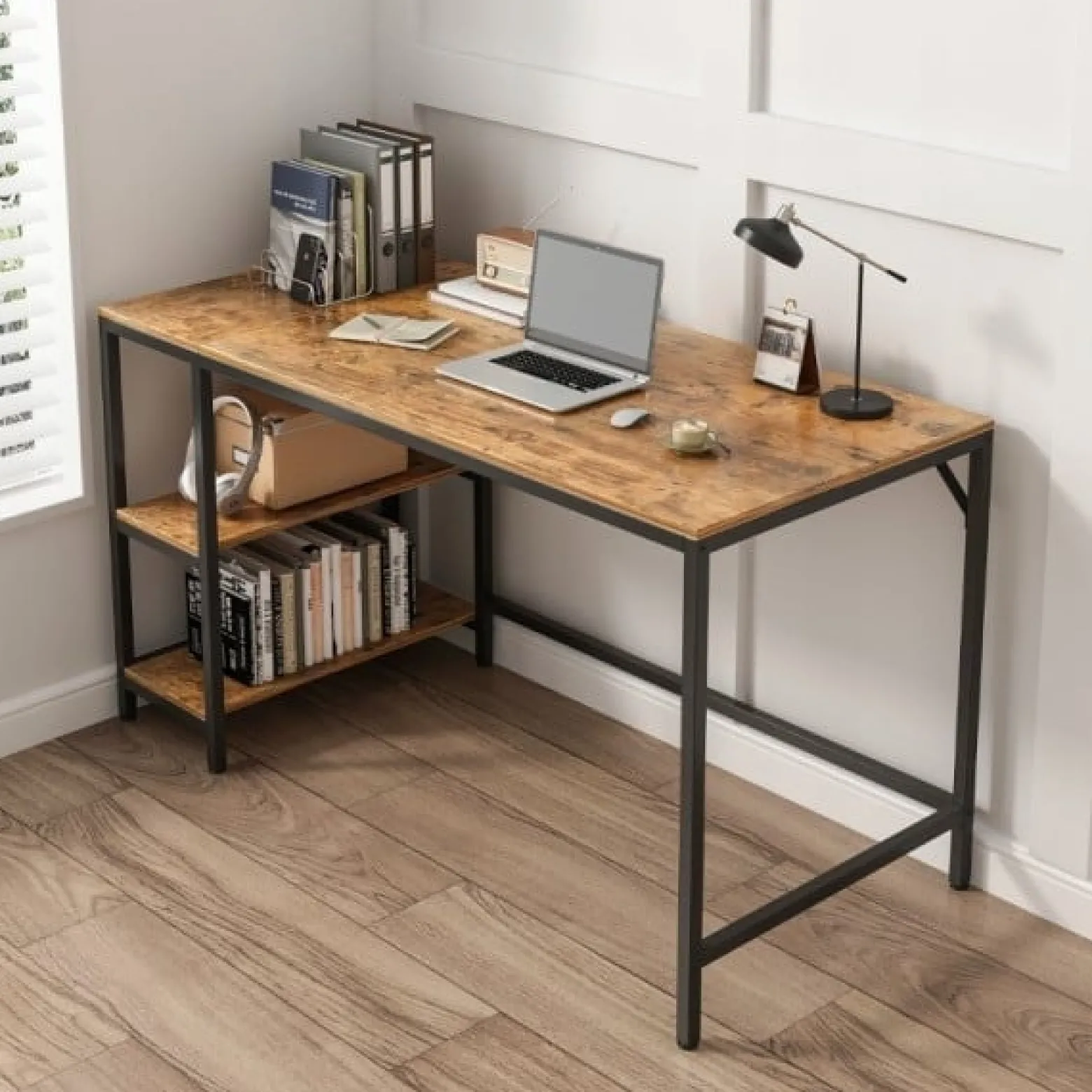 Biurko komputerowe brąz loft z 2 półkami 120 cm