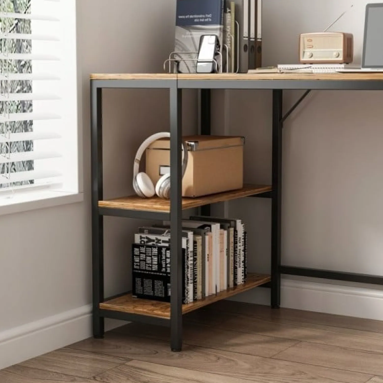 Biurko komputerowe brąz loft z 2 półkami 120 cm
