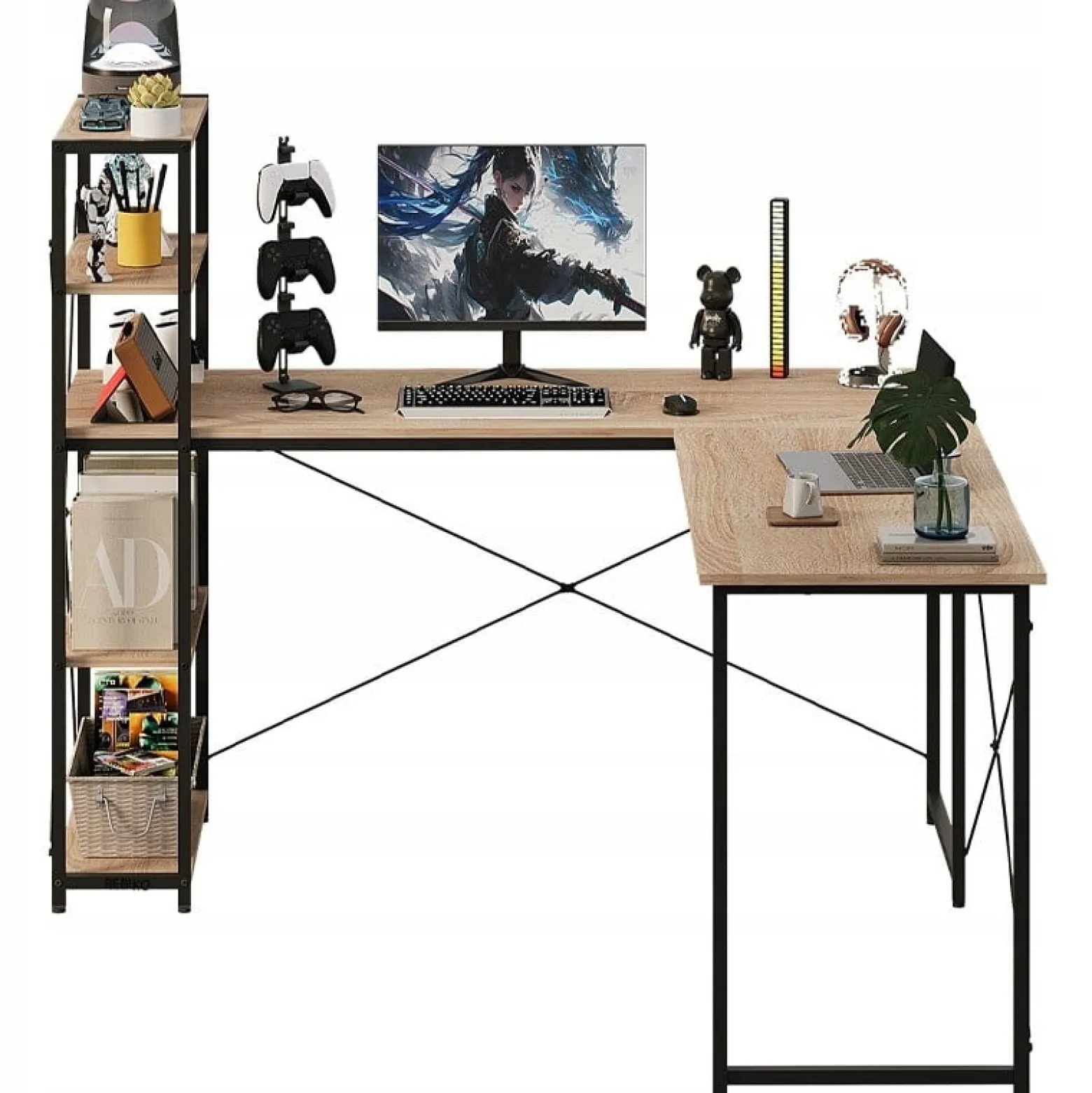 Biurko komputerowe narożne regałem jasny brąz industrialne szkolne loft