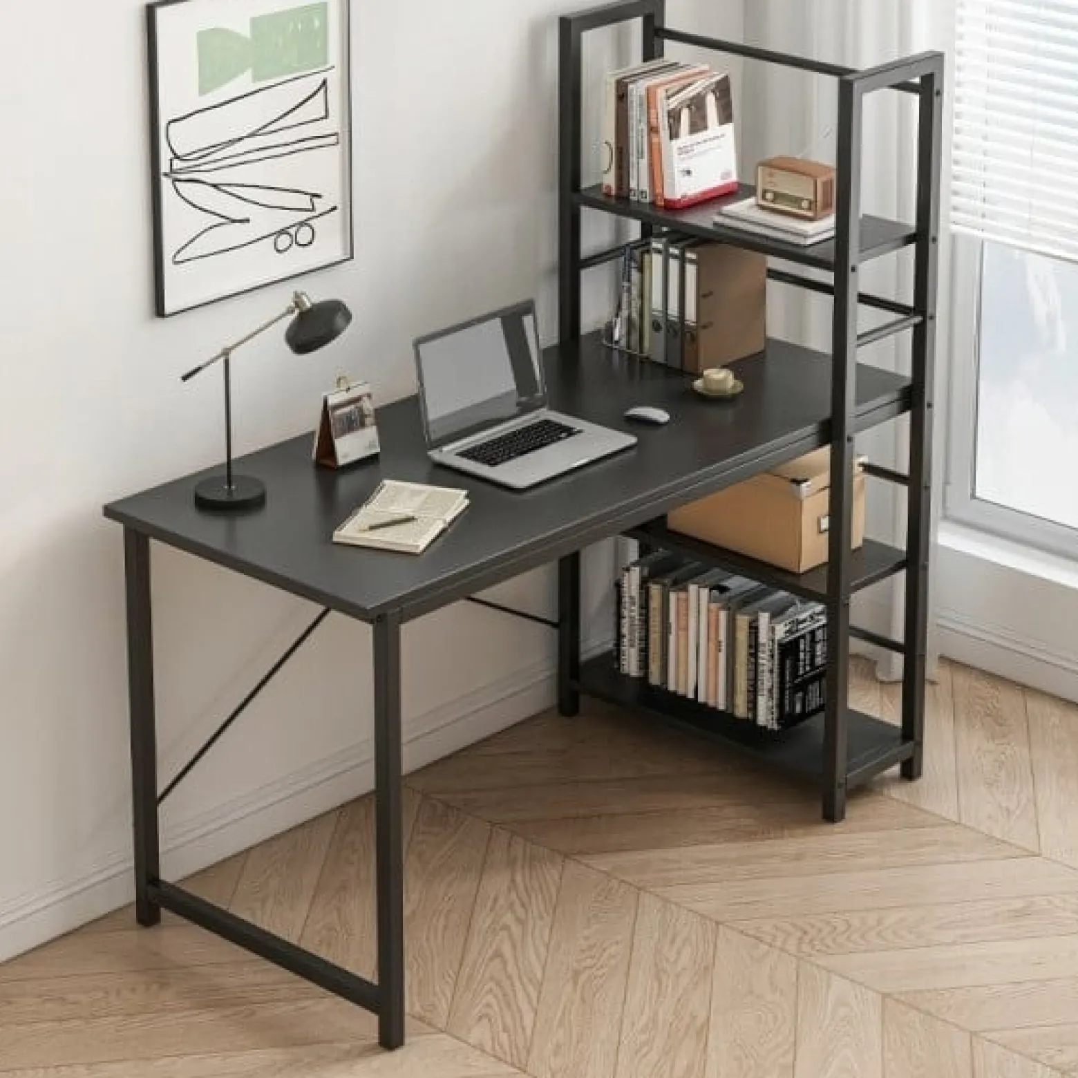 Biurko komputerowe z regałem czarne loft 120 cm