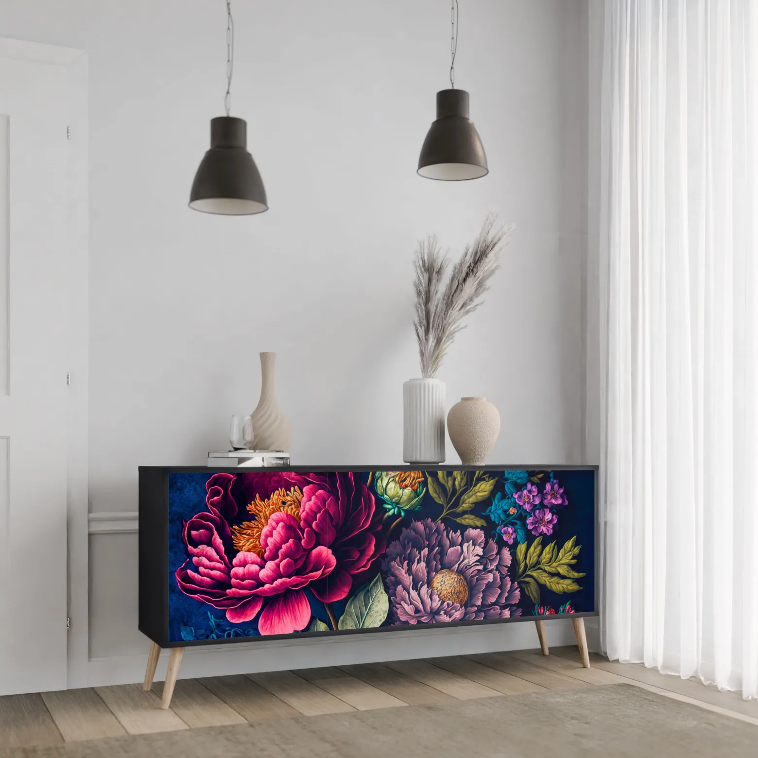 BLOOMING ELEGANCE Komoda 3 drzwi Czarna-Bukowa skośna