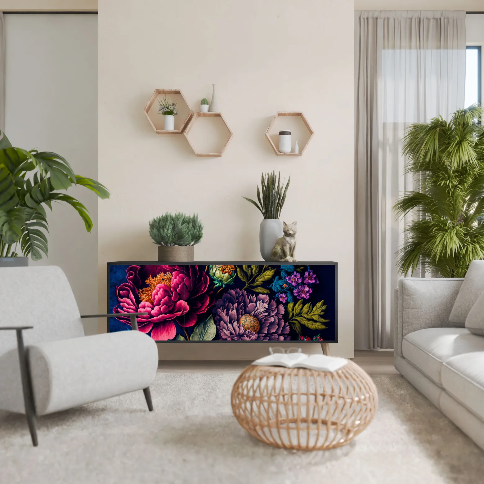 BLOOMING ELEGANCE Komoda 3 drzwi Czarna-Bukowa skośna
