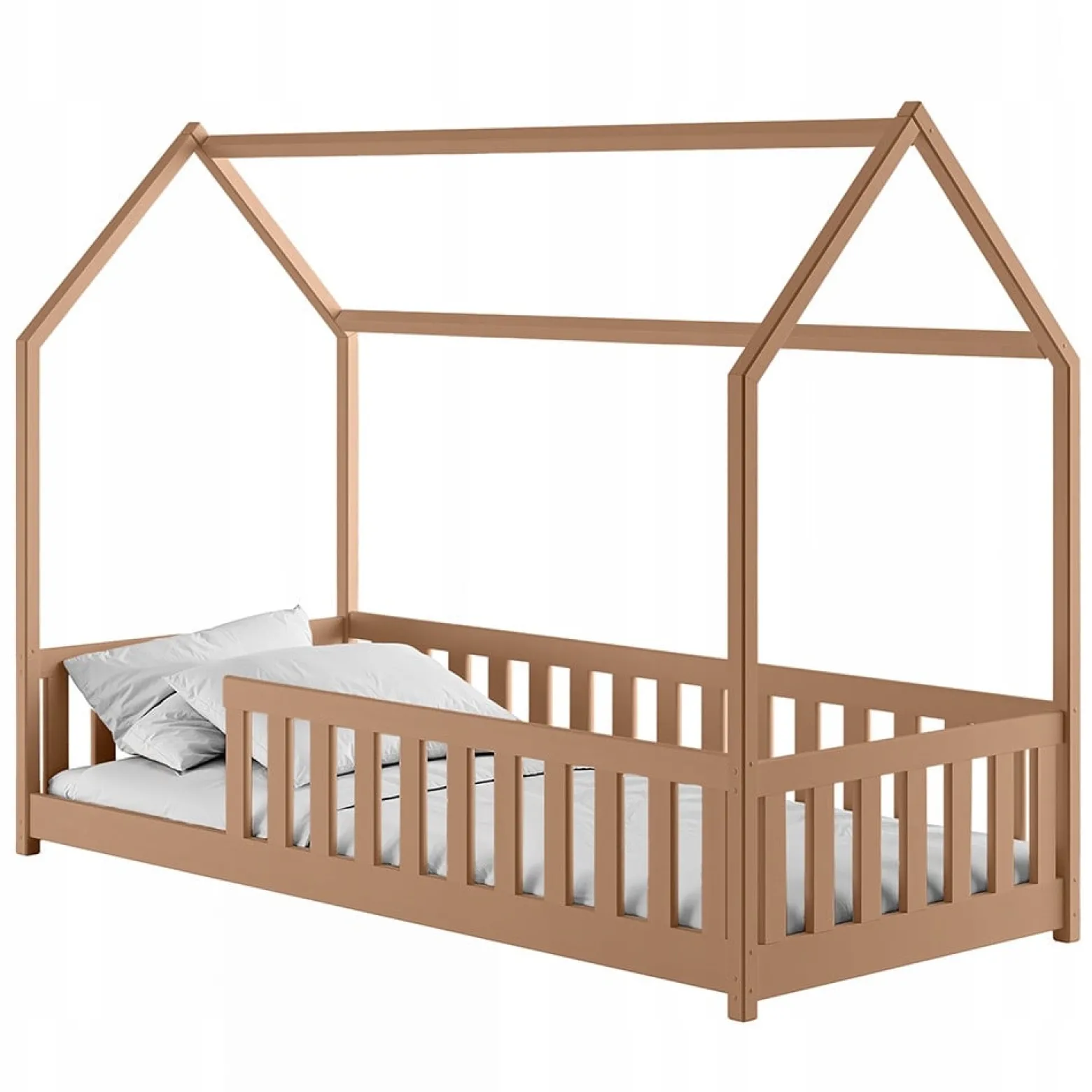 Cynamonowe łóżko dziecięce w kształcie domku NOAH 80x180 ze stelażem flex