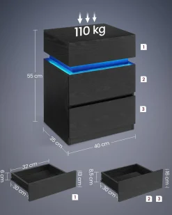 Czarny stolik nocny MDF z podświetleniem LED 25 kolorów pilot 3 szuflady