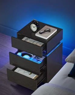 Czarny stolik nocny MDF z podświetleniem LED 25 kolorów pilot 3 szuflady