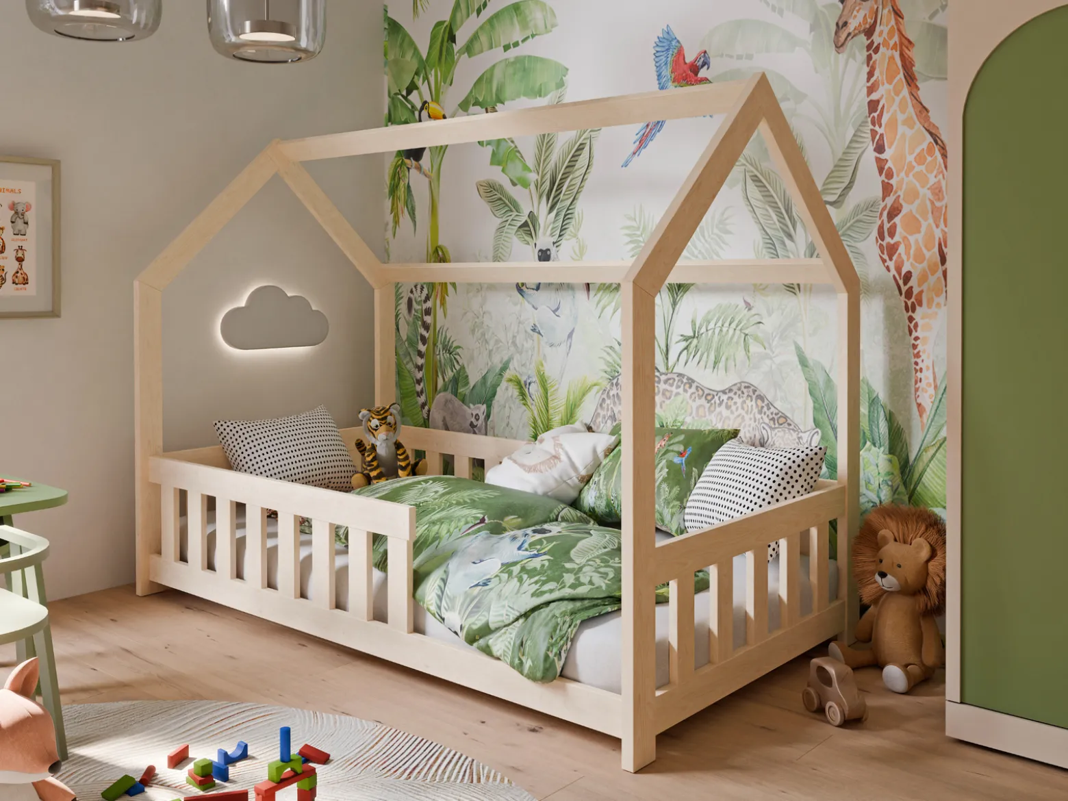 Dubi – drewniane łóżko domek dla dzieci 80 x 160 cm naturalne ze stelażem