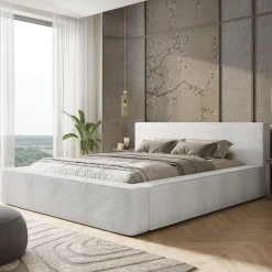 Eleganckie łóżko boucle do sypialni MAROK BIAŁE