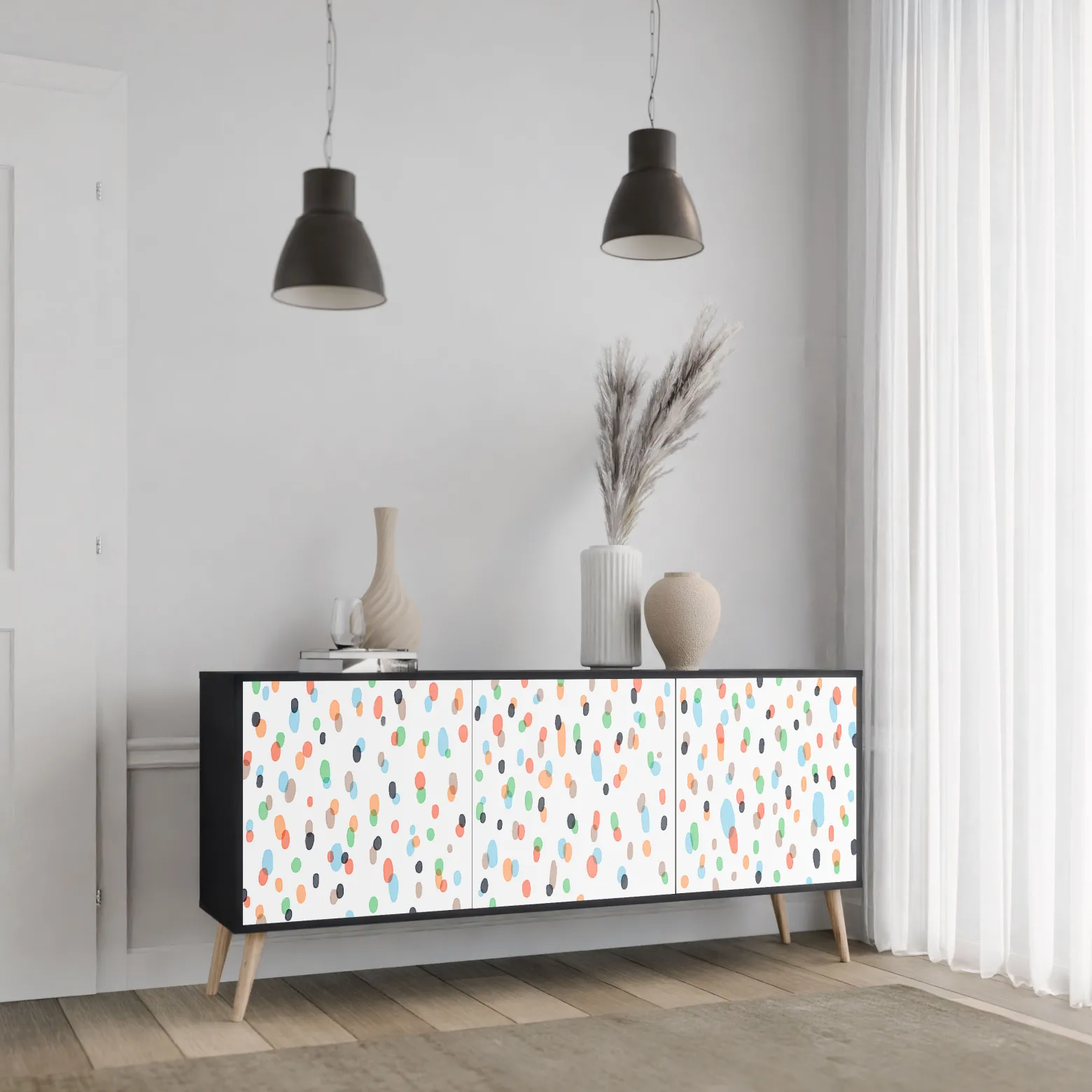 ENERGETIC SPOTS Komoda 3 drzwi Czarna-Bukowa skośna