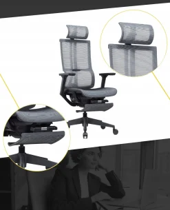 Ergonomiczny fotel z podnóżkiem EXPERTA szary siatka
