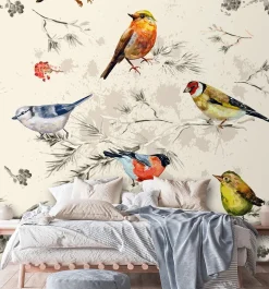 Feeby Fototapeta, Kolorowe ptaki malowane akwarelą 100x100
