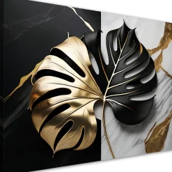 Feeby Obraz na płótnie, Monstera Złoto-Czarna Na Biało-Czarnym Tle 90x60