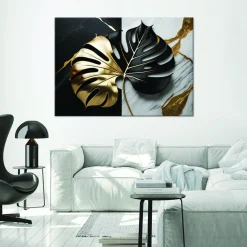 Feeby Obraz na płótnie, Monstera Złoto-Czarna Na Biało-Czarnym Tle 90x60