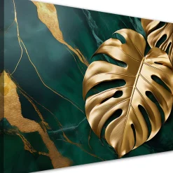 Feeby Obraz na płótnie, Monstera Złoty Liść Na Tle Zielonego Marmuru 90x60