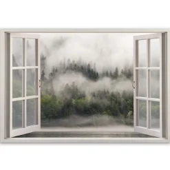 Feeby Obraz na płótnie, Okno Las we mgle jezioro pejzaż 60x40