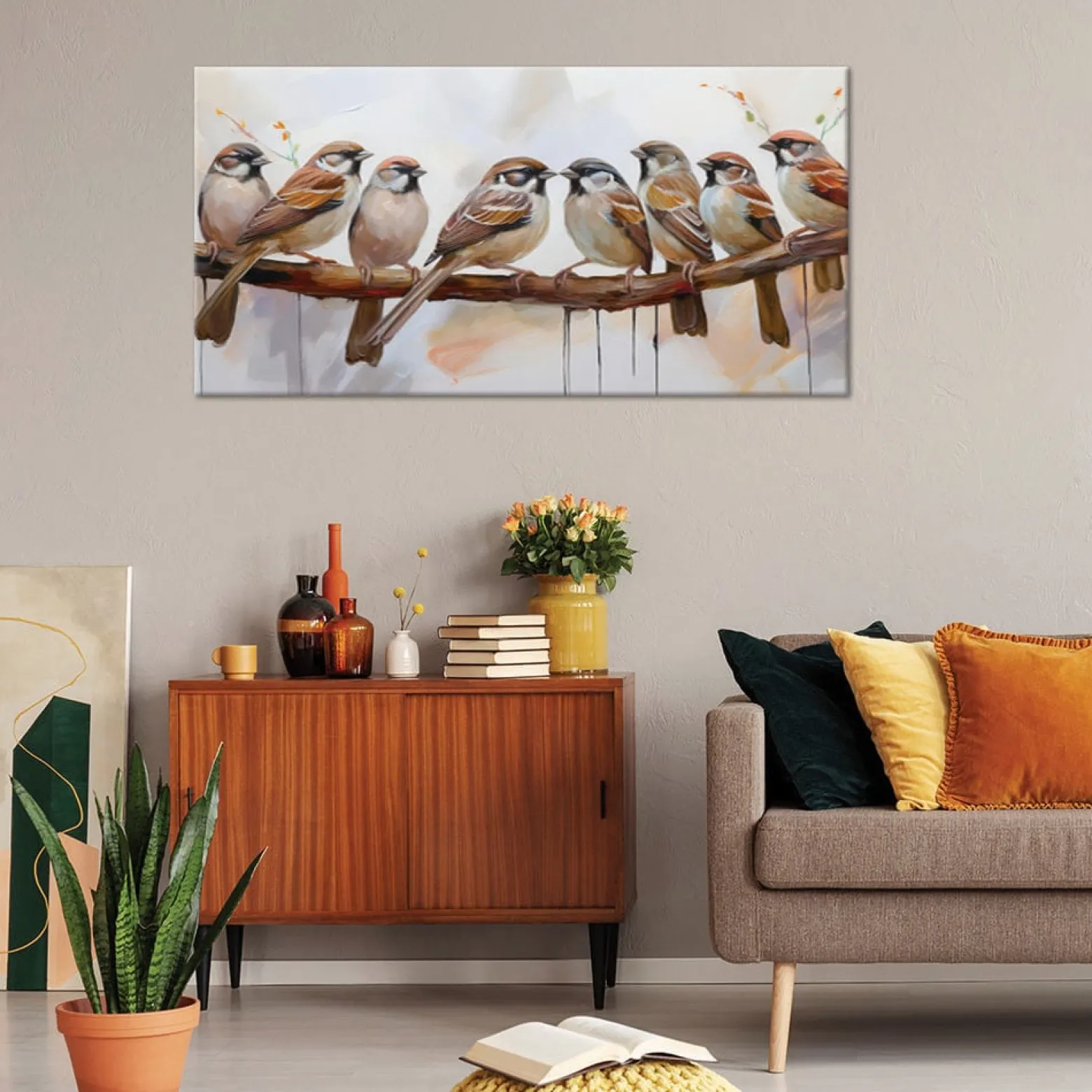 Feeby Obraz na płótnie, Ptaki Na Gałęzi Brązowy 120x60