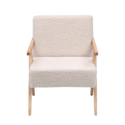 Fotel salonowy z litego drewna i białej pętelkowej tkaniny