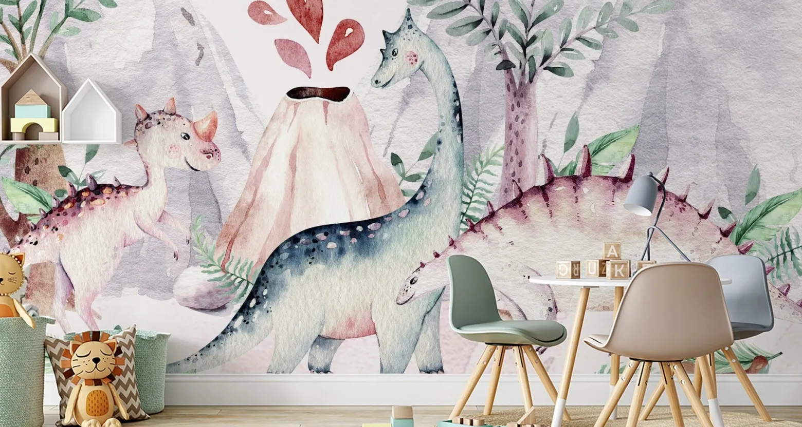 Fototapeta DINOZAURY Wulkany Drzewa Chmury 90x60cm