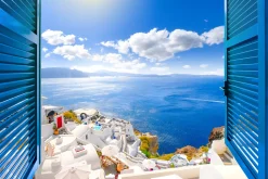 Fototapeta Do Salonu Widok z Okna Na Santorini 90x60cm