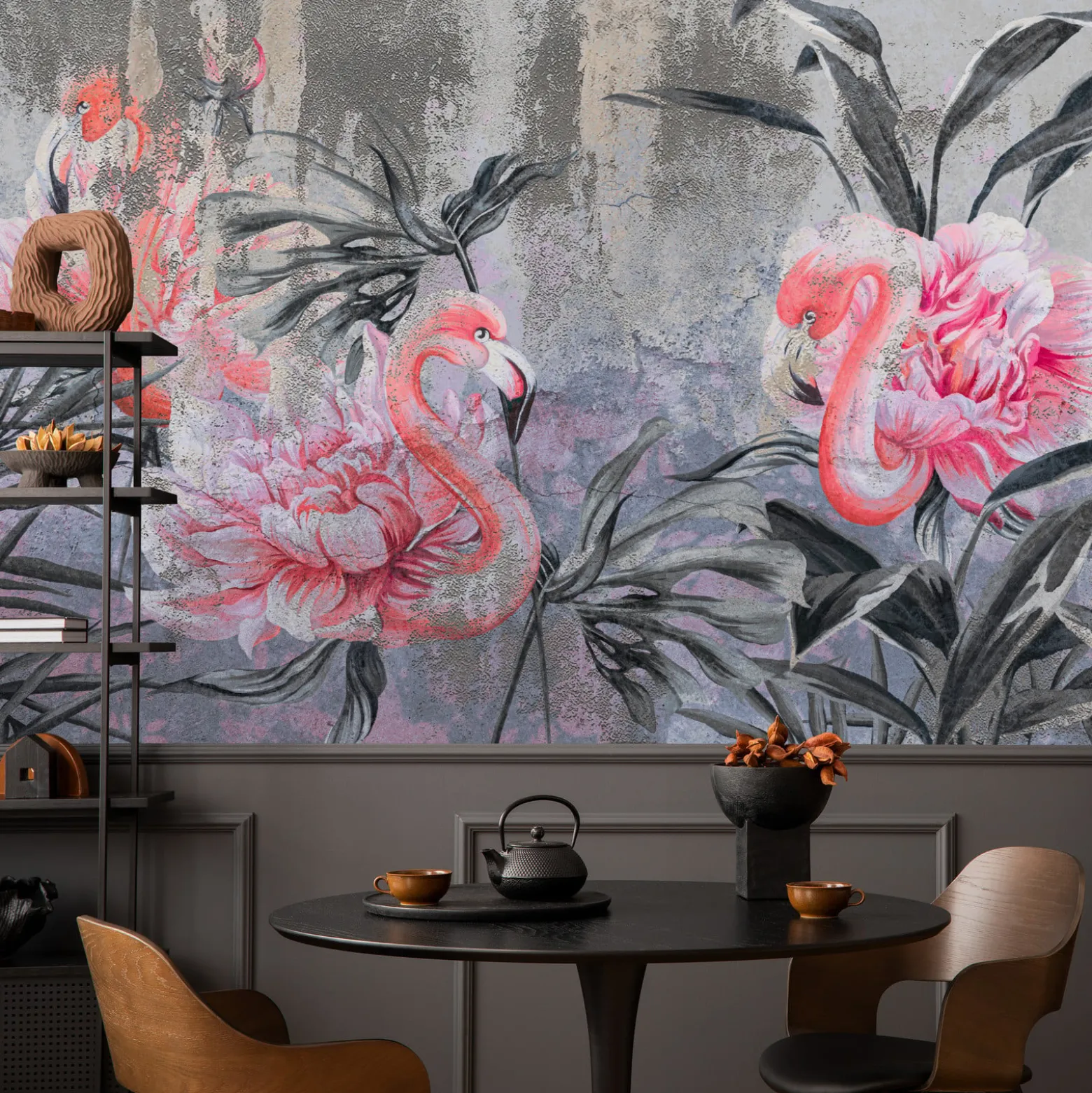 Fototapeta Flamingi Pośród Kwiatów Na Betonie 90x60cm