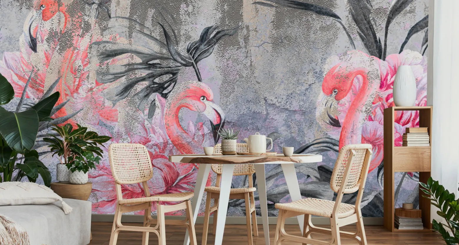 Fototapeta Flamingi Pośród Kwiatów Na Betonie 90x60cm