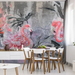 Fototapeta Flamingi Pośród Kwiatów Na Betonie 90x60cm