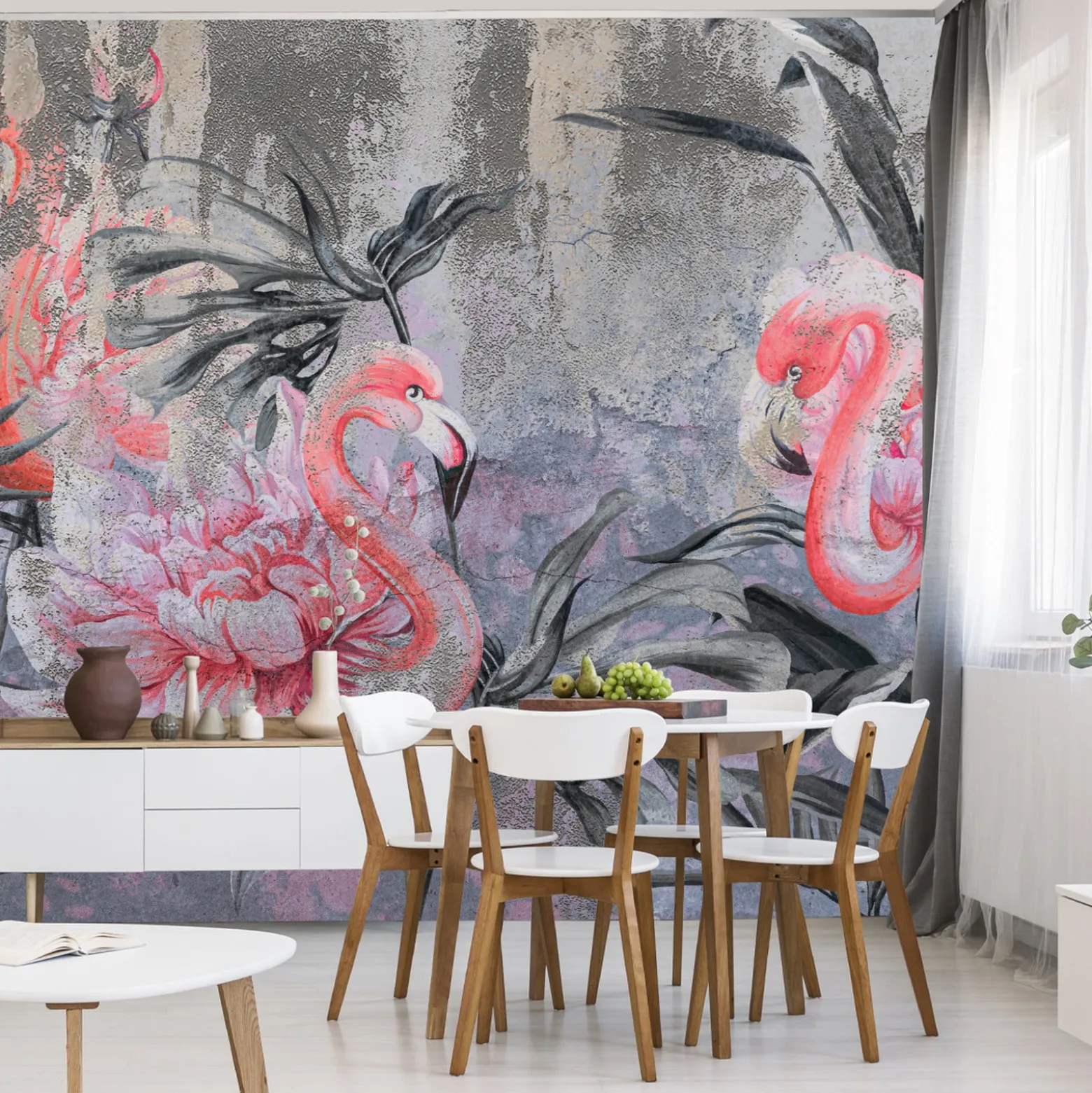 Fototapeta Flamingi Pośród Kwiatów Na Betonie 90x60cm