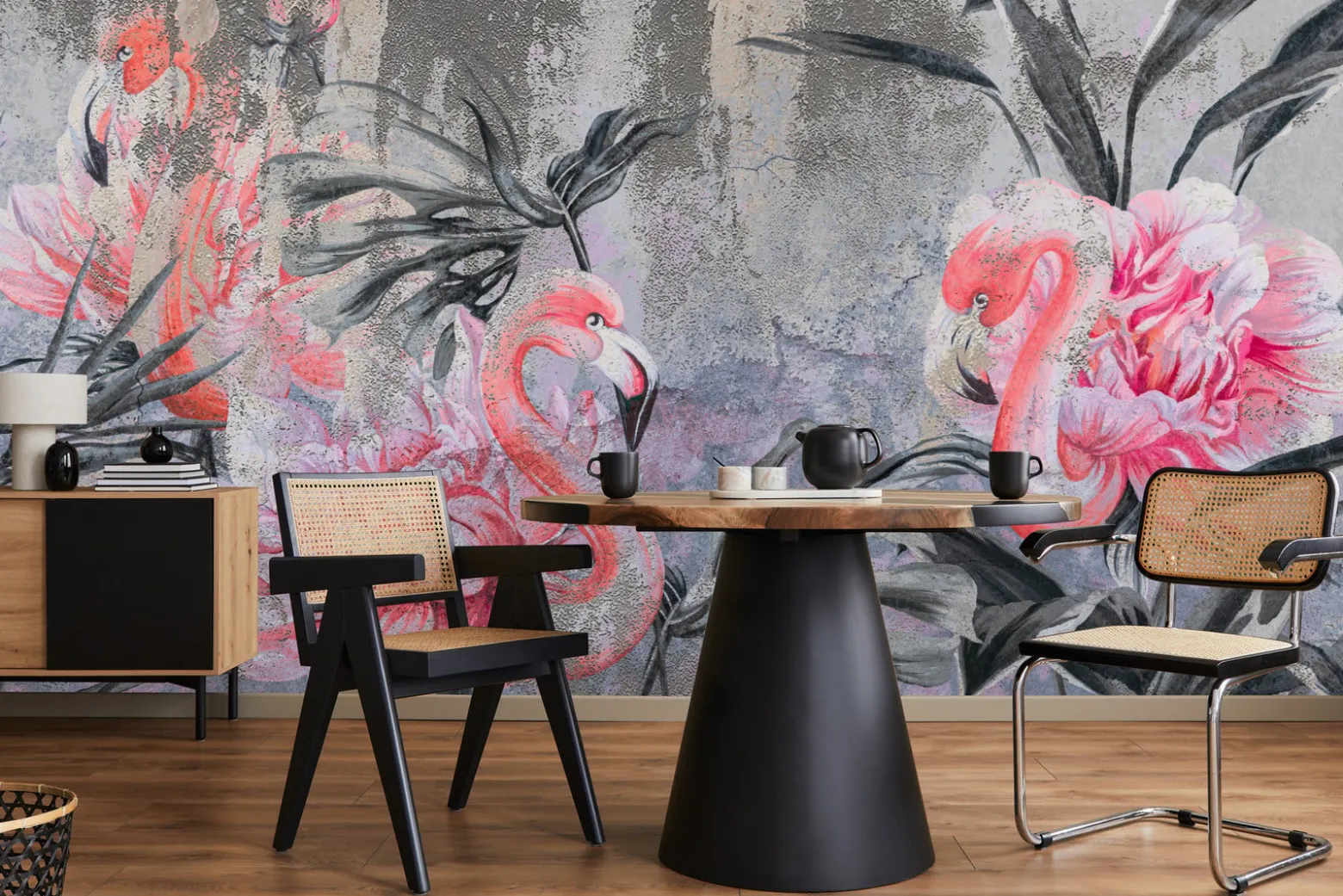 Fototapeta Flamingi Pośród Kwiatów Na Betonie 90x60cm