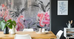 Fototapeta Flamingi Pośród Kwiatów Na Betonie 90x60cm