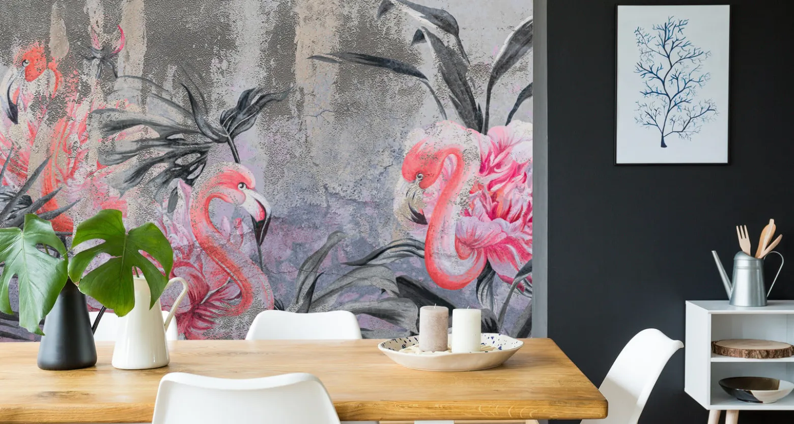 Fototapeta Flamingi Pośród Kwiatów Na Betonie 90x60cm