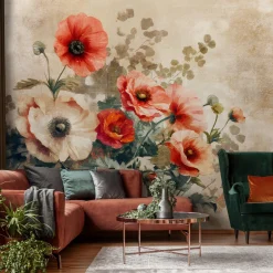 Fototapeta Kwiaty Vintage Beton Beżowy Na Ścianę Sypialnia Salon 250X175