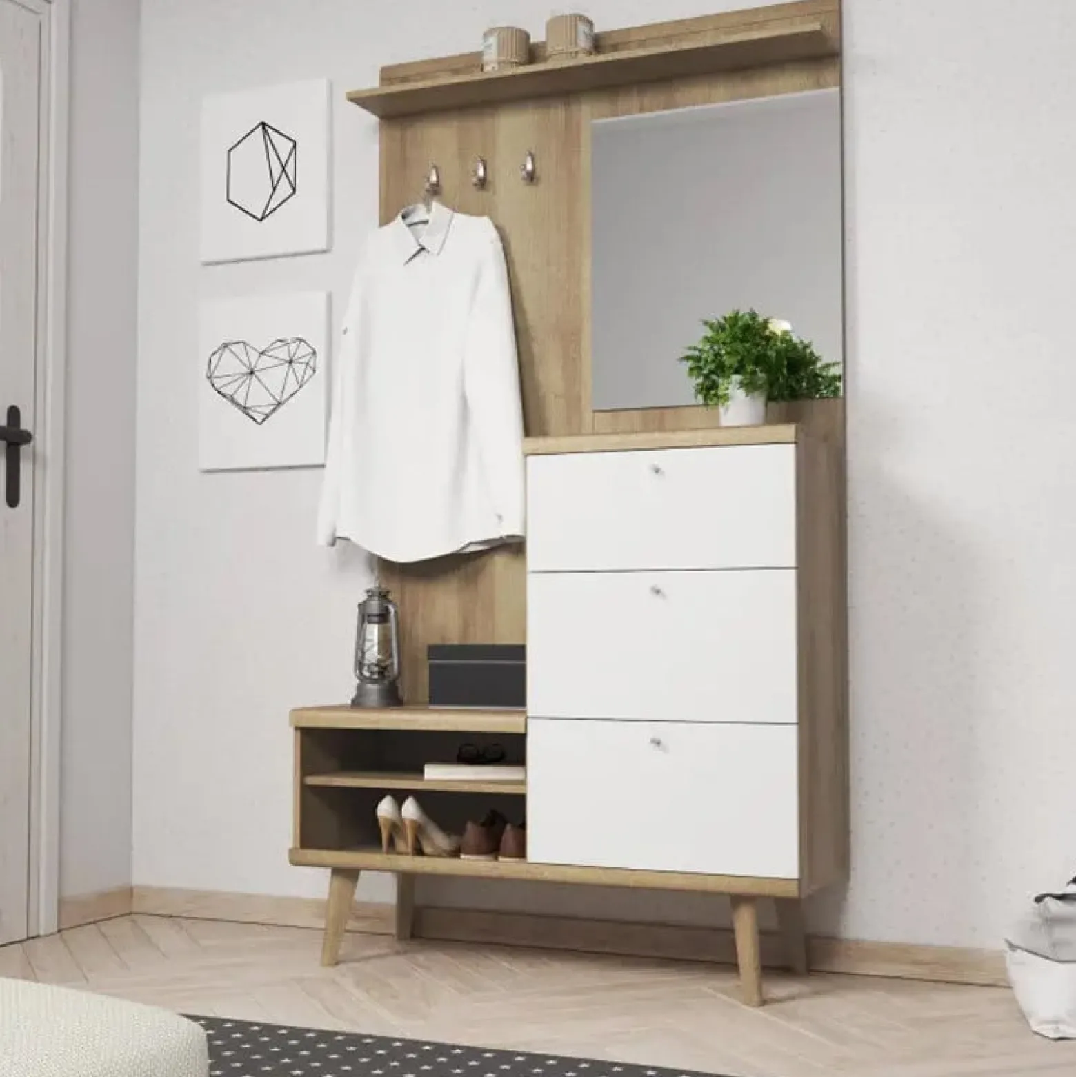 Garderoba z lustrem z szafką na buty PRIMO Biały + Dąb Riv