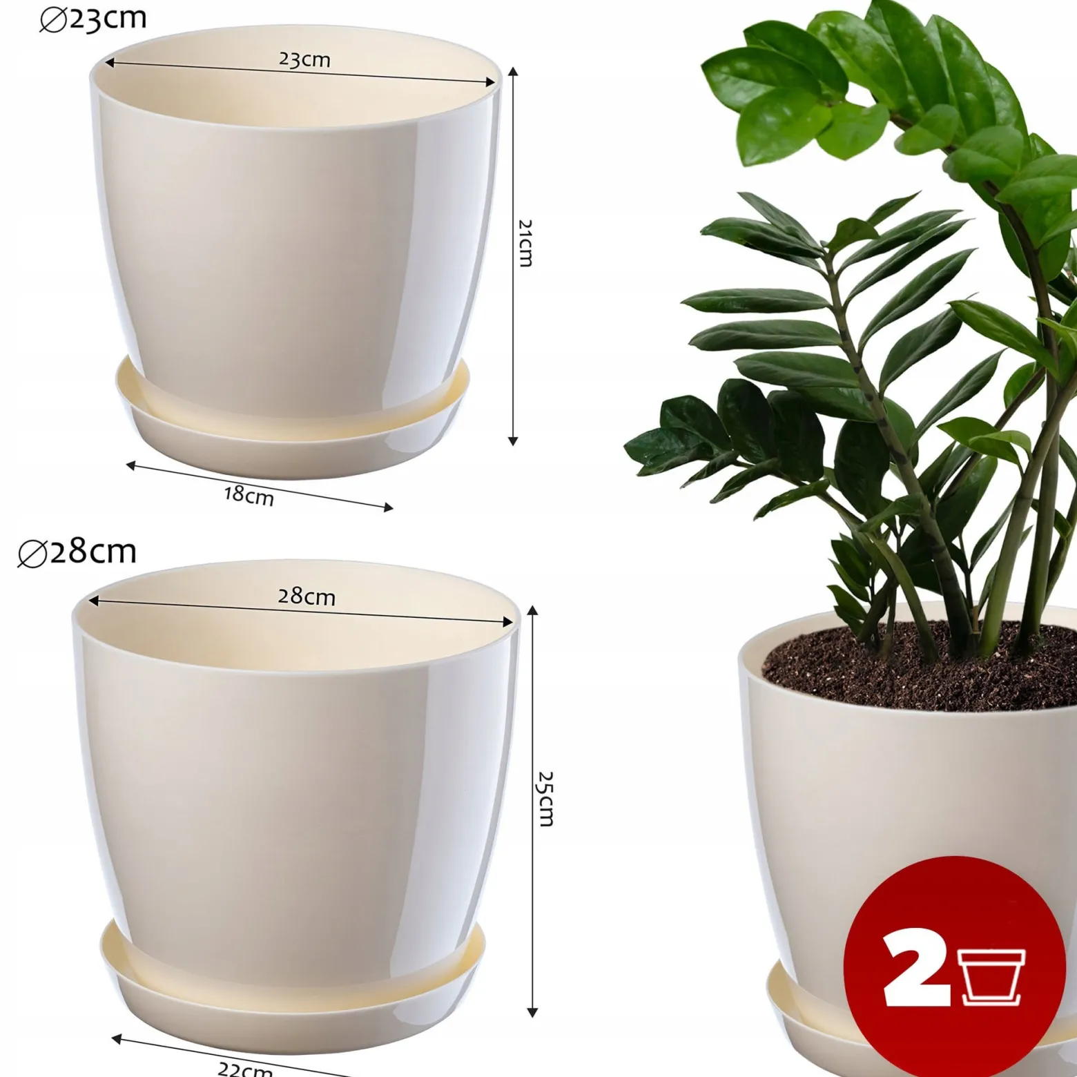 Kadax Doniczka z Podstawką Kremowa Zestaw 23+28cm
