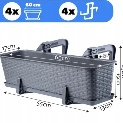 Kadax 4x Skrzynka Balkonowa 60cm Uchwyty Grafitowa