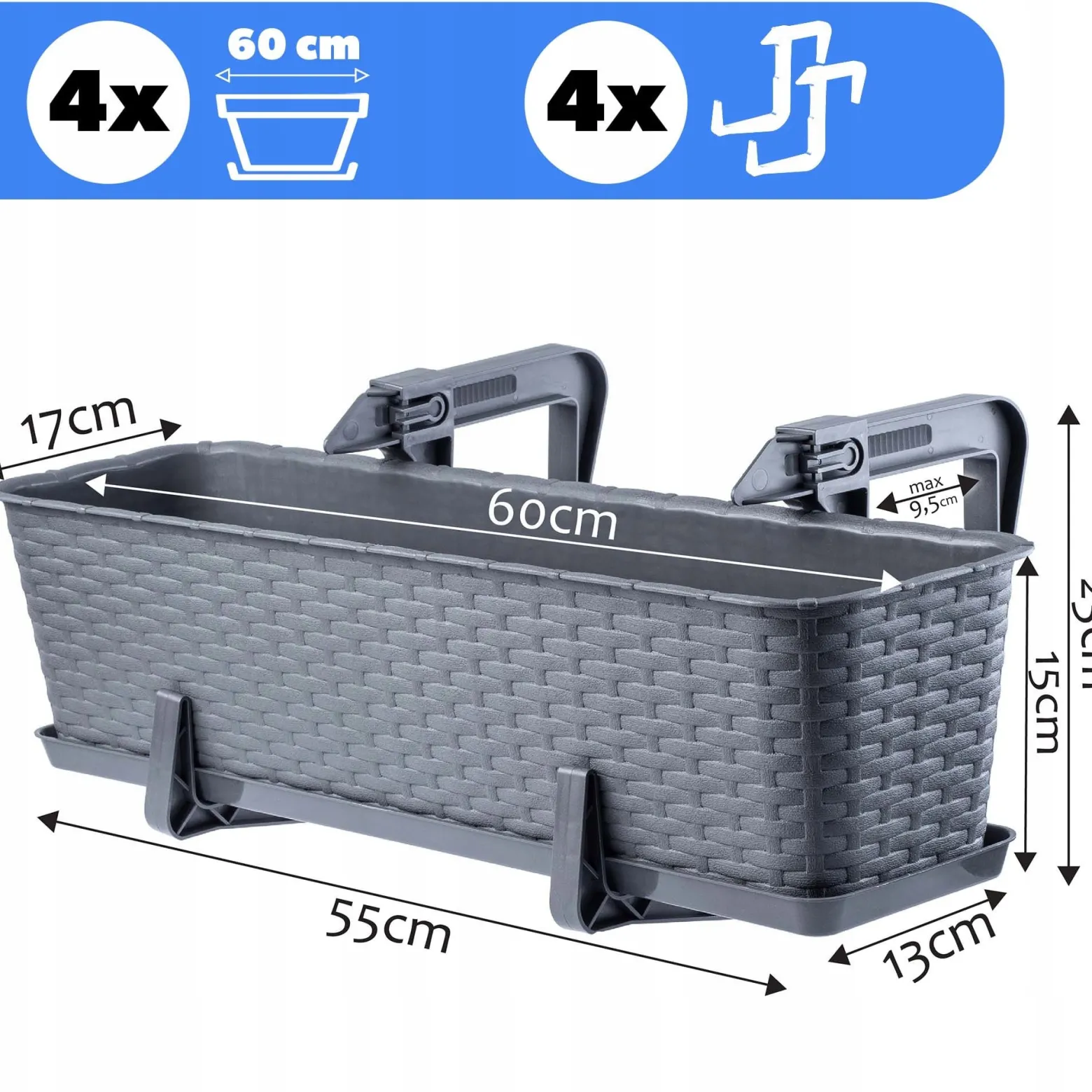 Kadax 4x Skrzynka Balkonowa 60cm Uchwyty Grafitowa
