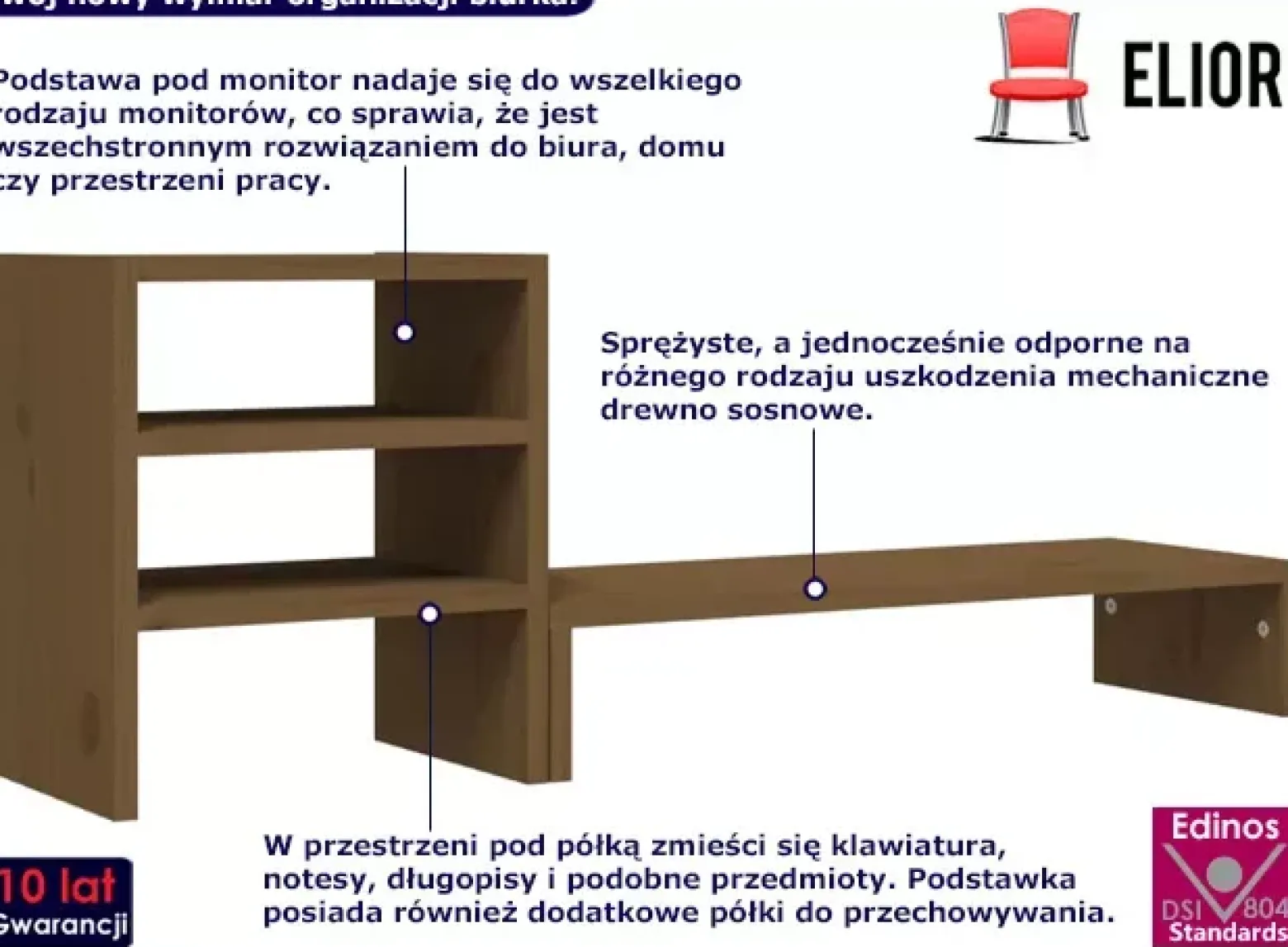 Klasyczna półka na biurko z drewna sosnowego miodowy brąz - Matica