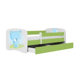 Łóżko Babydreams zielone Niebieski miś z szufladą materac piankowy 160x80