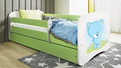 Łóżko Babydreams zielone Niebieski miś z szufladą materac piankowy 160x80