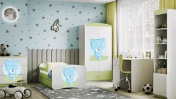 Łóżko Babydreams zielone Niebieski miś z szufladą materac piankowy 160x80