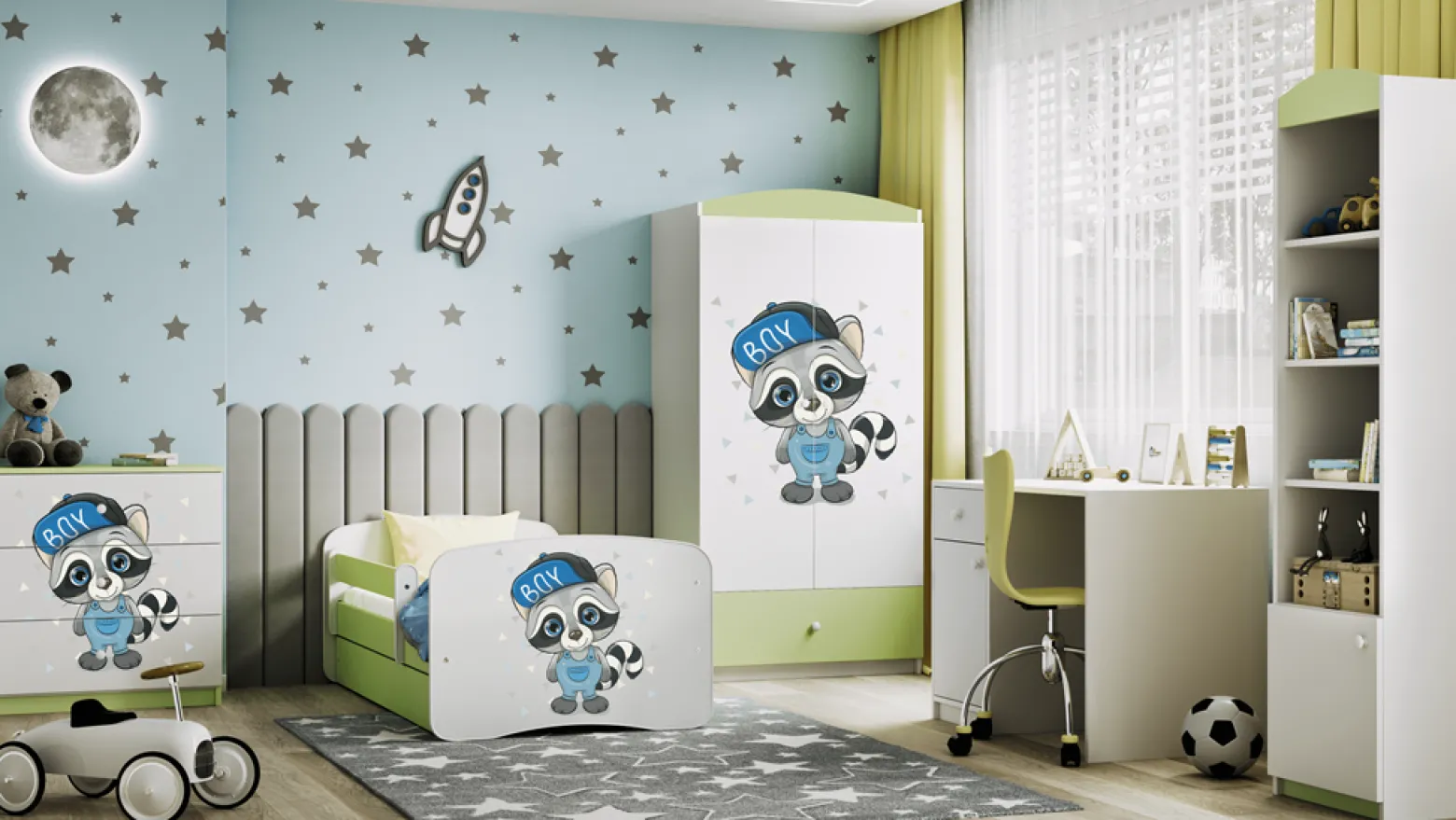 Łóżko Babydreams zielone Szop z szufladą materac piankowy 180x80