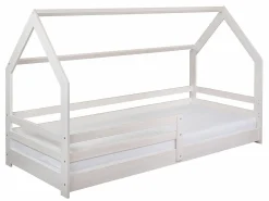 Łóżko domek 90x200 drewniane TEO, kolor bielony + stelaż