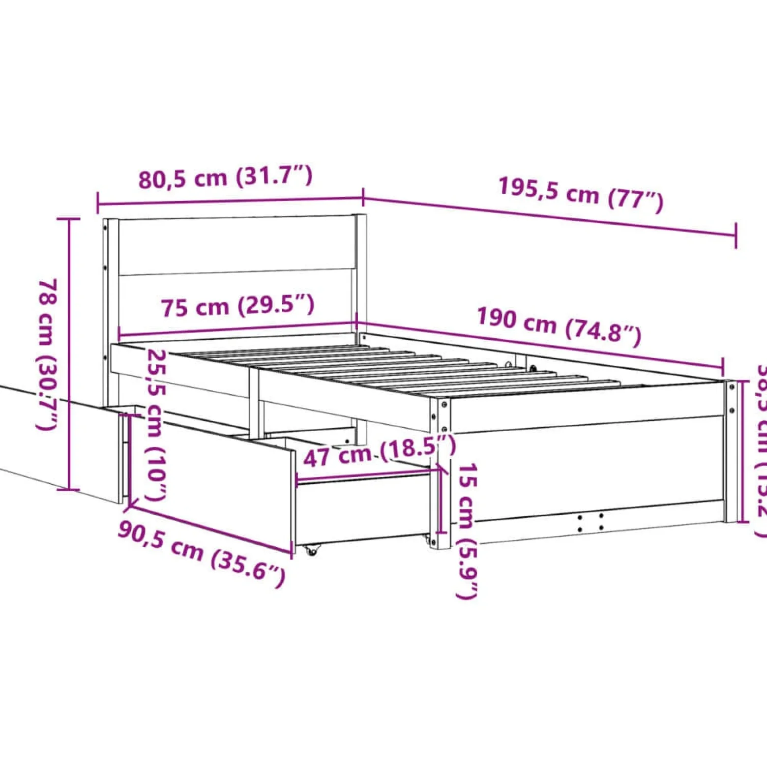 Łóżko Drewniane Rama Łóżka Sofa Brązowe Do Sypialni Pokoju 75x190 cm