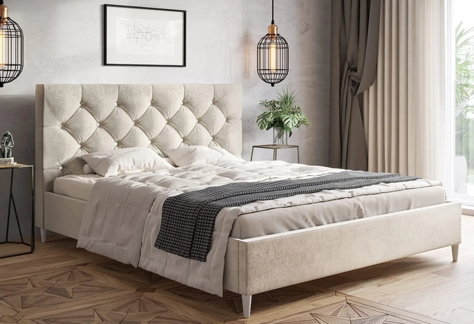 Łóżko jednoosobowe 120x200 LUXO 6 tapicerowane, pikowane, guziki- beżowe